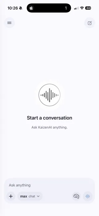 KaizenAI iOS chat composer with model selector, memory, and voice controls.