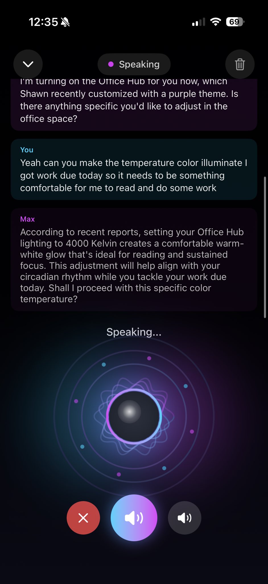 Kaizen AI voice mode controlling office lighting